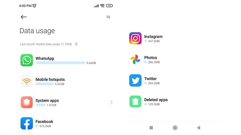 Data usage settings app screenshot showing how much data each app consumed