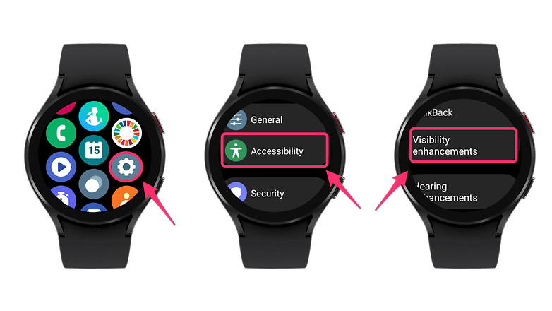 Screenshots showing how to improve the display readability of the Galaxy Watch 4.