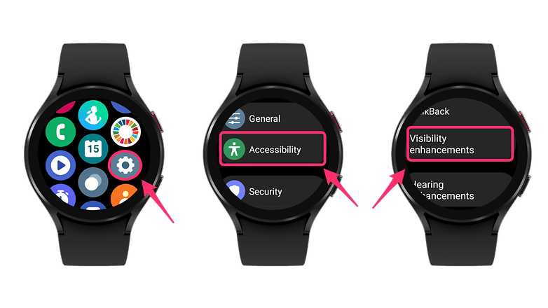 Snímky obrazovky ukazující, jak zlepšit čitelnost displeje Galaxy Watch 4.