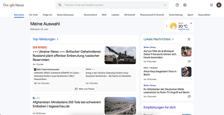 Ein Screenshot des neuen Designs bei Google News.