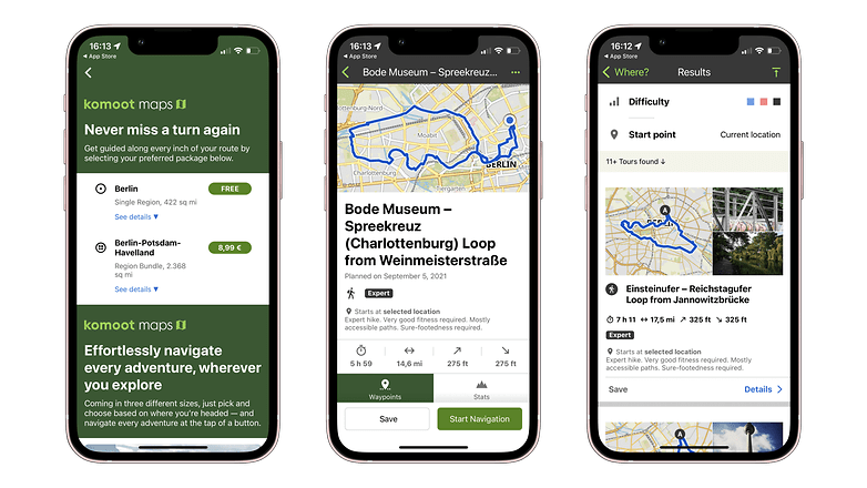 Screenshots der App "Komoot".