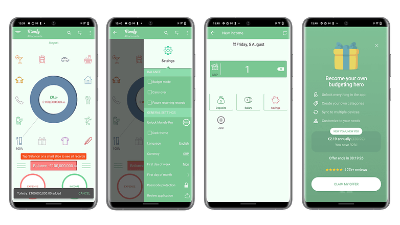 Screenshots der App "Monefy".