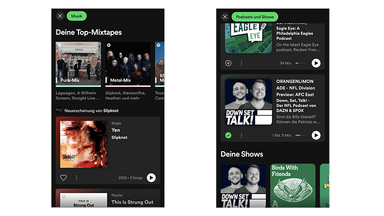 Screenshots, die den neuen Podcast-Bereich bei Spotify zeigen.