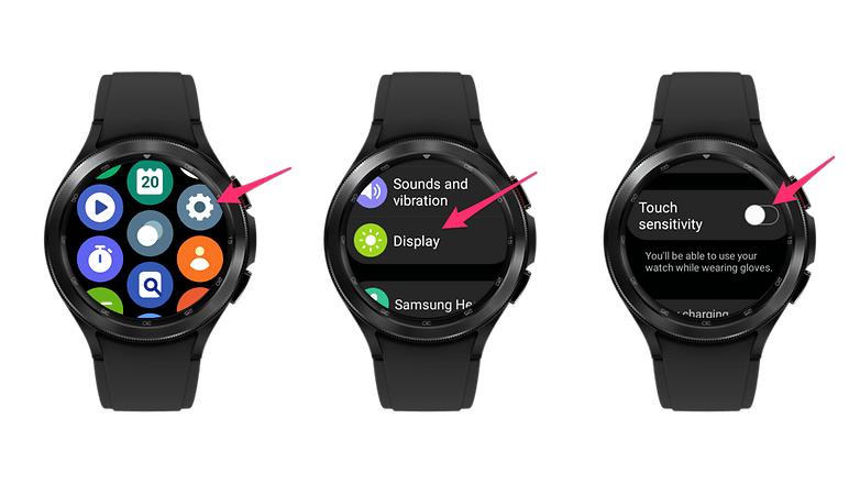 Képernyőképek, die zeigen, wie man den Handschuh-Modus der Samsung Galaxy Watch 4 aktivier.