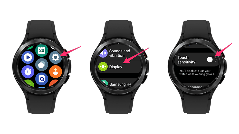 Screenshots, die zeigen, wie man den Handschuh-Modus der Samsung Galaxy Watch 4 aktiviert.