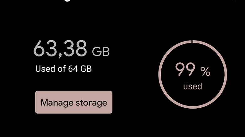 Storage information screen showing 99% used space on a Pixel smartphone