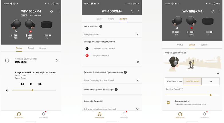 Sony WH-1000XM4 Companion App screenshots showing the user interface in detail