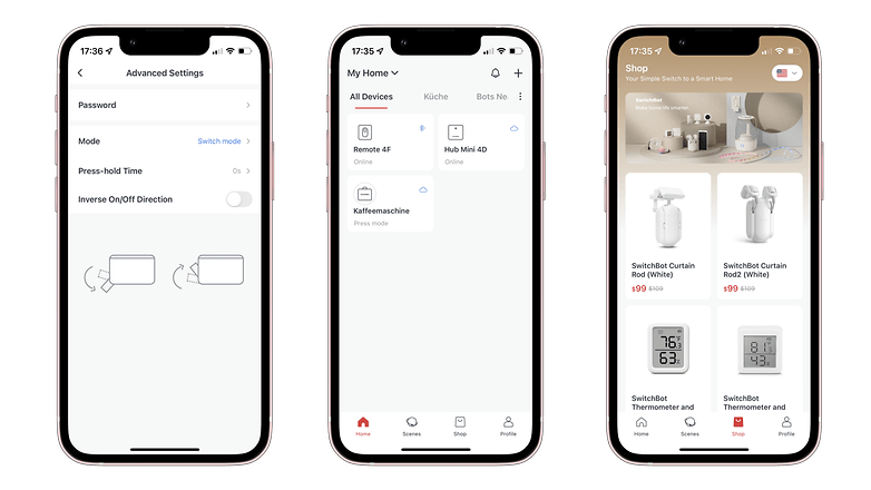Die Switchbot-App auf drei Screenshots.