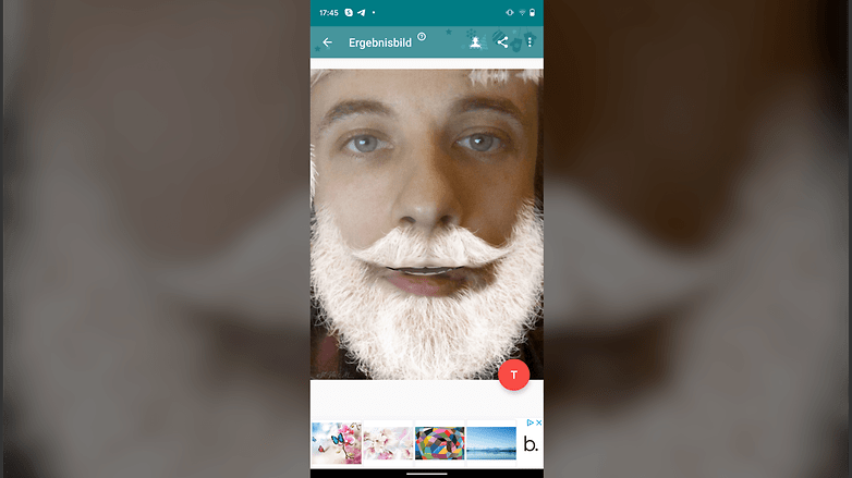 Screenshot of Christmas Photo Frames app showing a person's face with a Santa mask applied.