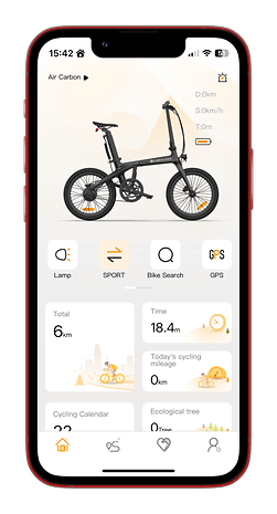 Mobile-App-Oberfläche, die Radfahrmetriken und eine Fahrradillustration zeigt.