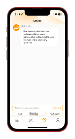 Kundenservice-Oberfläche für ADO E-Bike mit Begrüßungsnachricht und Optionen für FAQs und Fehlermeldungen.