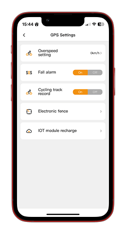 GPS-Einstellungen auf einem Smartphone, zeigt Optionen für Geschwindigkeitsüberschreitung, Sturzalarm, Fahrradverfolgung, elektronischer Zaun und IOT-Aufladung.
