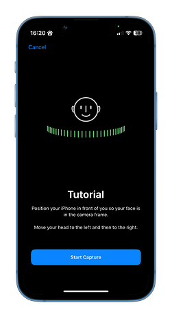 A smartphone displaying a tutorial with instructions for capturing a face using the camera.