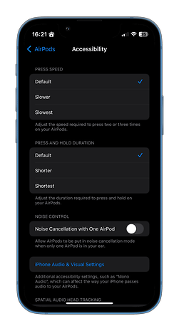 AirPods accessibility settings on iPhone, showing press speed and noise control options.