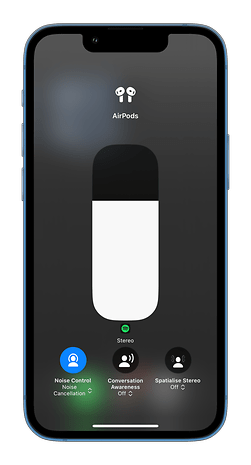 AirPods interface on an iPhone showing Noise Control, Conversation Awareness, and Spatialise Stereo options.