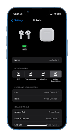 Settings screen showing AirPods with battery level at 91% and noise control options.