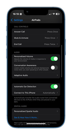 Settings menu for AirPods with options for call controls and audio settings.