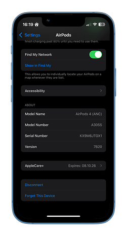 Settings screen for AirPods 4 with model and serial number details.