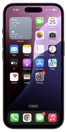 iPhone 16 home screen with weather, apps, and notifications.