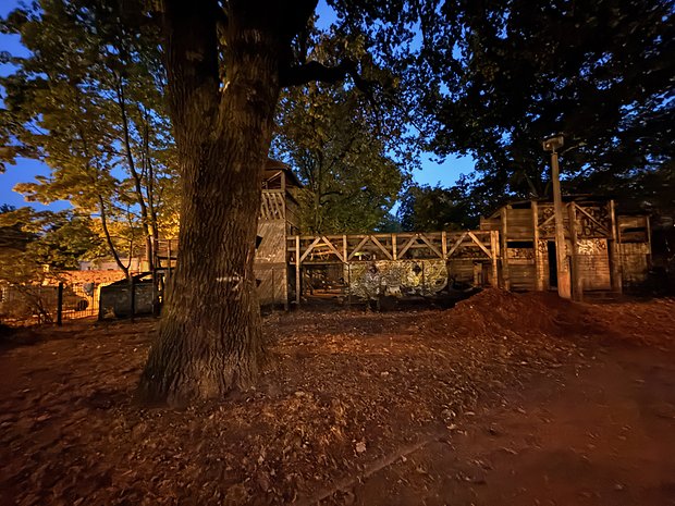 Uma estrutura de parque infantil ao crepúsculo, cercada por árvores e folhas caídas.