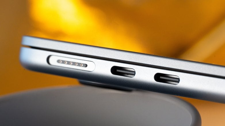 Close-up of the side of an Apple MacBook Air M4 showing ports and connectors. Close-up of the side of an Apple MacBook Air M4 showing ports and connectors.