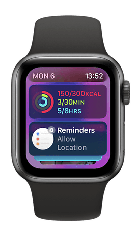 An Apple Watch SE 3 with a black band displays fitness data and reminders.