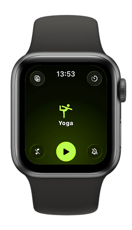 An Apple Watch SE 3 shows off a yoga timer at 1:53 PM with play and pause buttons.