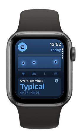 An Apple Watch SE 3 shows the time at 1:52 PM and night vital signs marked as 'Typical'.
