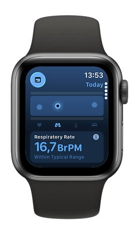 An Apple Watch SE 3 shows the respiratory rate: 16.7 BrPM, falling within the normal range.