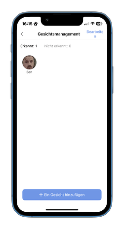 Gesichtsmanagement-Bildschirm auf dem Smartphone mit einem erkannten Gesicht namens Ben.
