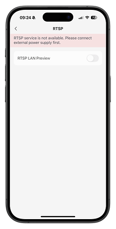 RTSP-Einstellungen mit einer Nachricht über die Nichtverfügbarkeit des Dienstes und einem Schalter für die RTSP-LAN-Vorschau.