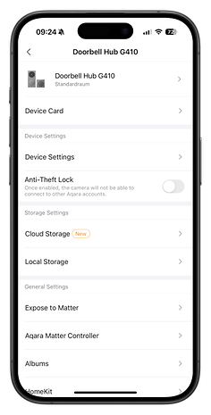 Einstellungsoberfläche für Aqara Doorbell Hub G410 auf einem Smartphone, zeigt Geräteoptionen und Funktionen.