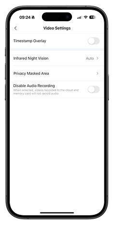 Ein Smartphone-Bildschirm zeigt die Videoeinstellungen für ein Aqara Türbell-Kamerahub.