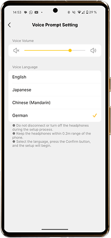 Settings screen for EarFun Tune Pro headphones showing voice volume and voice options.