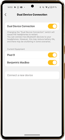 Settings screen shows the Dual Device Connection for EarFun Tune Pro headphones.