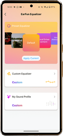 EarFun Equalizer app interface with preset and custom equalizer options.