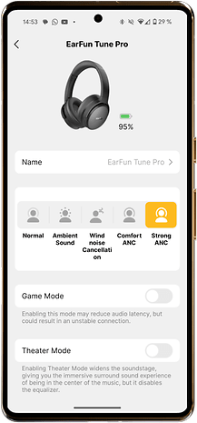 EarFun Tune Pro headphones on smartphone screen at 95% battery level.