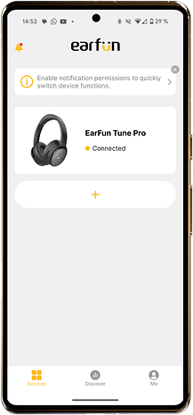 EarFun Tune Pro headphones displayed on a smartphone app indicating they are connected.