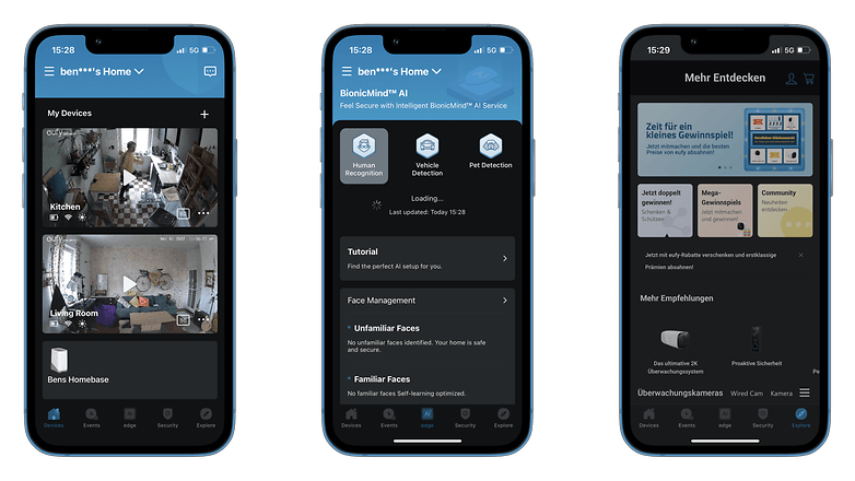 Drei Screenshots der Eufy-App