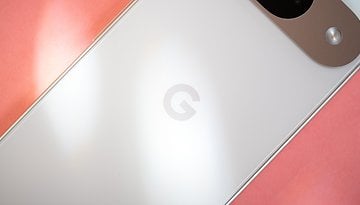 Close-up of a Google Pixel 9 smartphone's back, featuring the logo on a white surface.