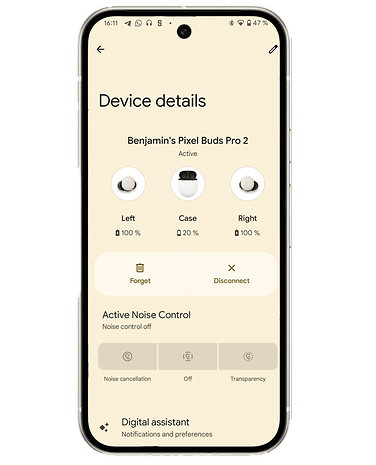 Device details of the Pixel Buds Pro 2 with its battery status and sound control settings.