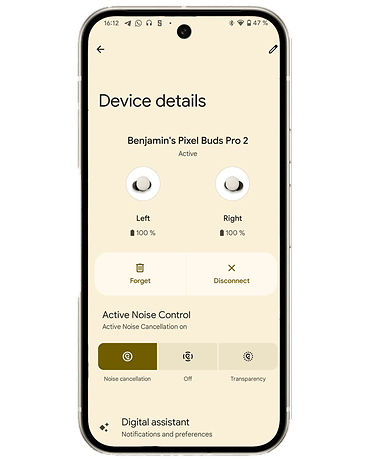 Device settings screen showing the Pixel Buds Pro 2 with battery status and noise control options