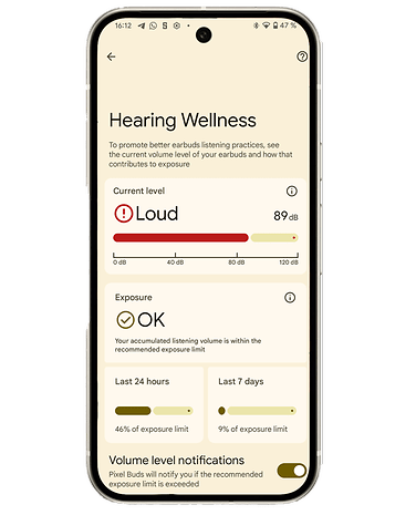 Smartphone screen shows hearing health status with volume and exposure details.