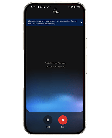 Écran de smartphone affichant une interface de chat avec des instructions pour interrompre Gemini.