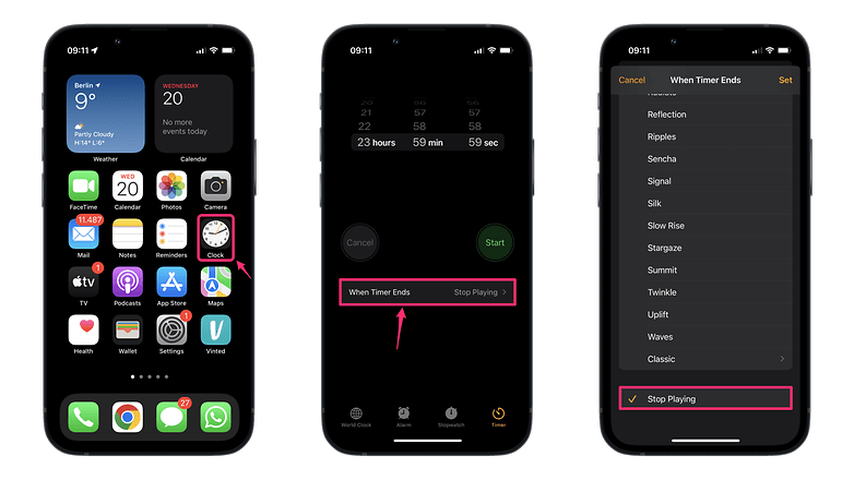 Instructions for using the sleep timer for media content on iPhone