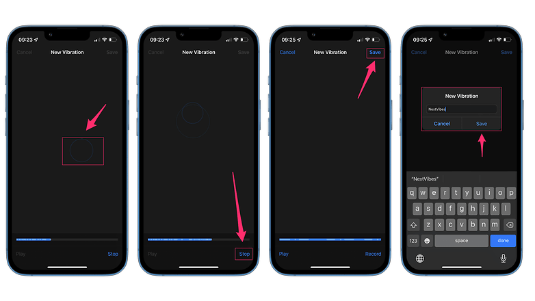 Tangkapan layar, die zeigen, wie man den Vibrations-Editor auf dem iPhone nutzt.
