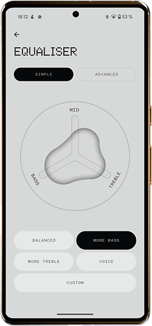 Equaliser app interface with settings for bass, mid, and treble adjustments.