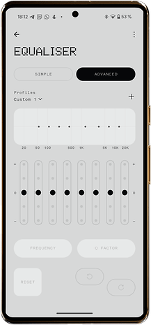 Equalizer app interface with frequency controls and profile options.