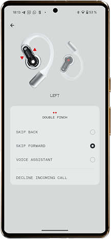 App interface showing controls for the earbuds: skip back, skip forward, voice assistant.