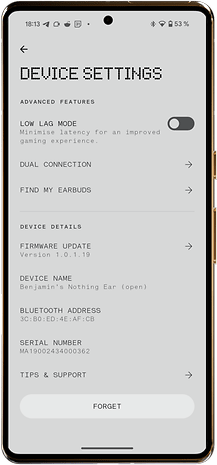 Device settings screen for Nothing Ear (open) with options for low latency mode and firmware version